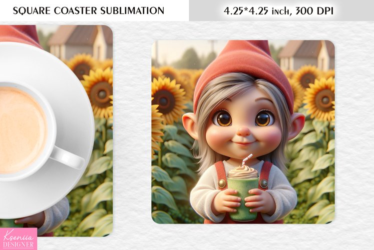 Summer Gnome|Cartoon Gnome Design l Floral Square Coaster