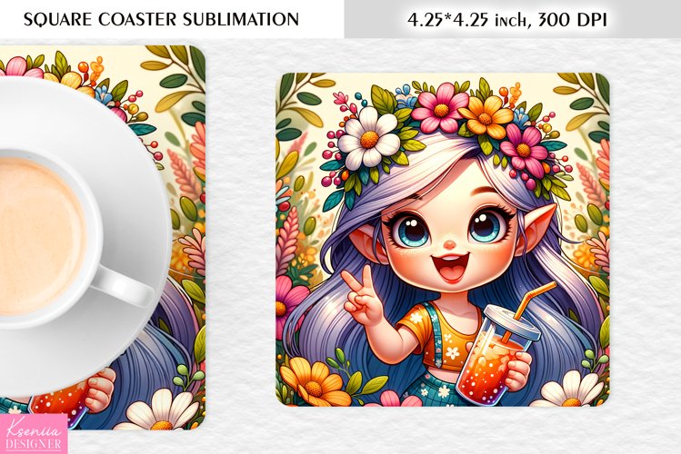 Summer Gnome|Cartoon Gnome Design l Floral Square Coaster