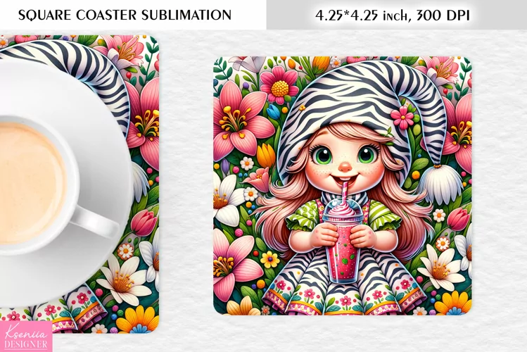 Summer Gnome|Cartoon Gnome Design l Floral Square Coaster