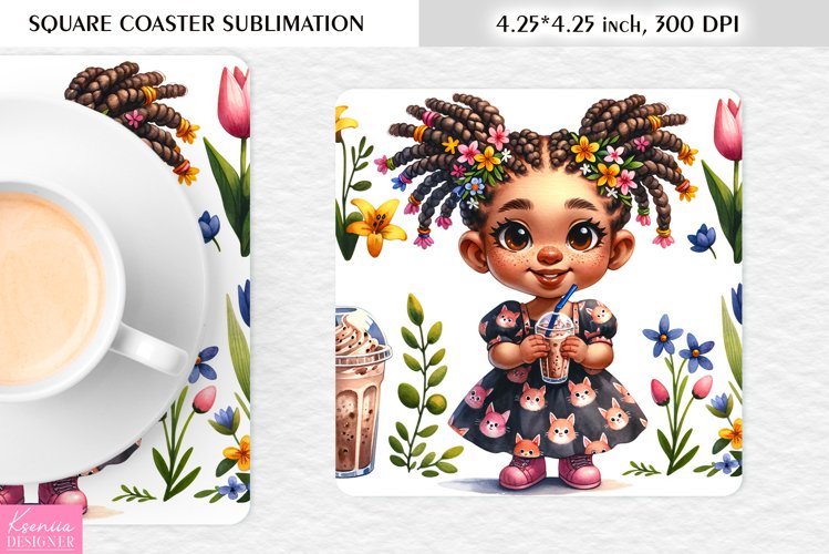 Summer Gnome|Cartoon Gnome Design l Floral Square Coaster