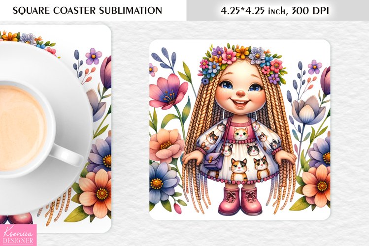 Summer Gnome|Cartoon Gnome Design l Floral Square Coaster