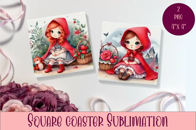 Square coasters Cute Fairytale Little Red Riding Hood design
