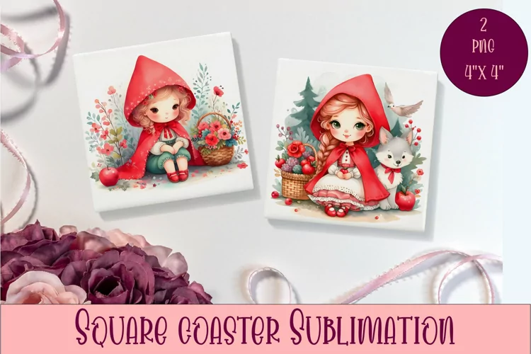 Square coasters Cute Fairytale Little Red Riding Hood design