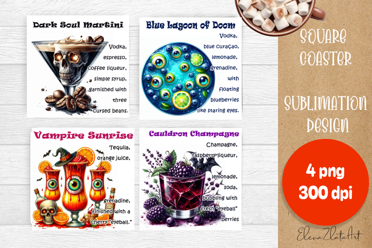 Square coaster holder, cocktail recipes, sublimation designs