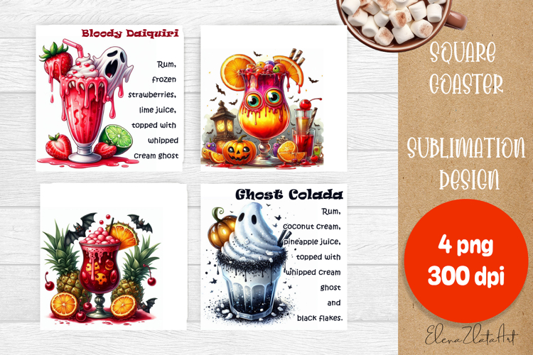 Square coaster holder, cocktail recipes, sublimation designs