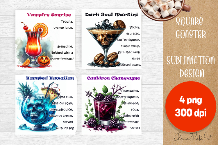 Square coaster holder, cocktail recipes, sublimation designs