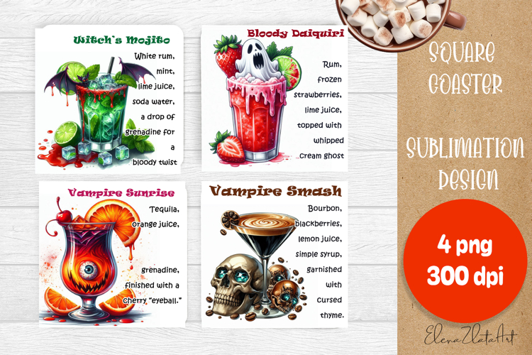 Square coaster holder, cocktail recipes, sublimation designs