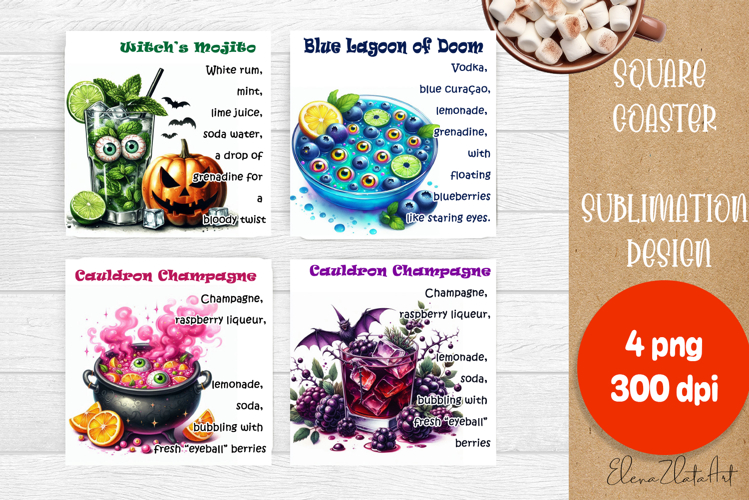 Square coaster holder, cocktail recipes, sublimation designs