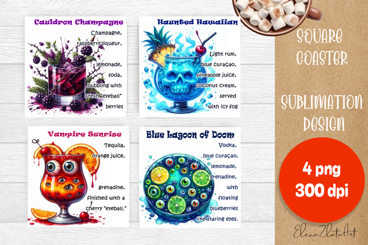 Square coaster holder, cocktail recipes, sublimation designs