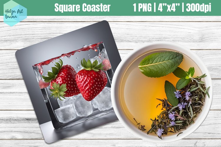 Square Coasters Sublimation | ice strawberry example image 1