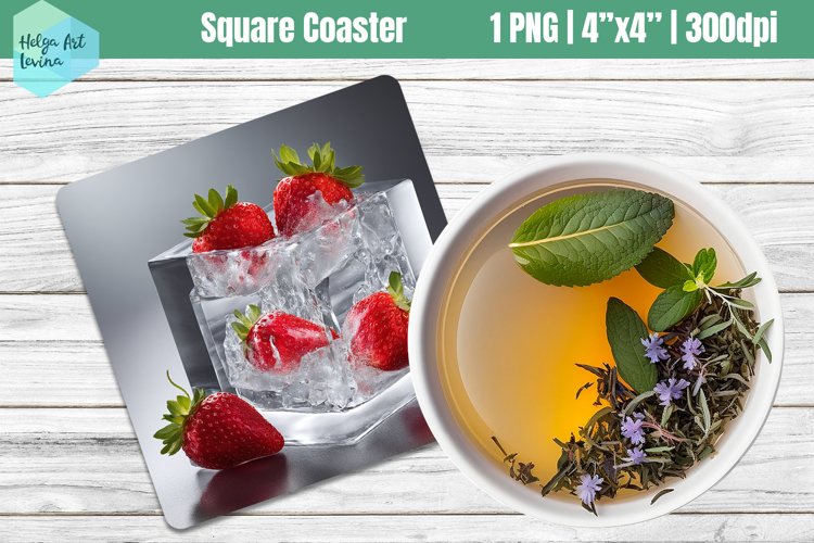 Square Coasters Sublimation | ice strawberry example image 1