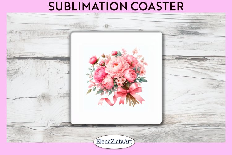 Peonies Flowers Square Coaster | Sublimation Coaster example image 1
