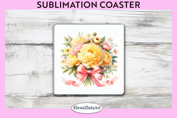 Peonies Flowers Square Coaster | Sublimation Coaster example image 1