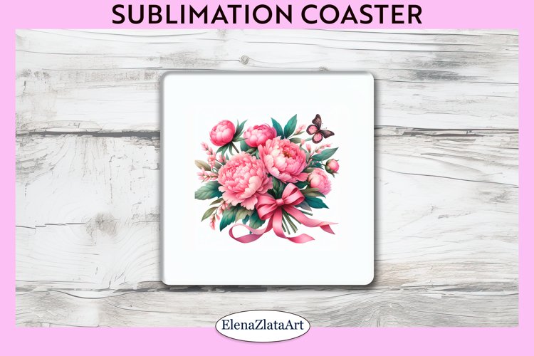 Peonies Flowers Square Coaster | Sublimation Coaster example image 1