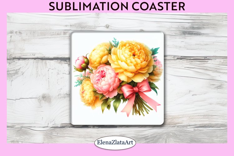 Peonies Flowers Square Coaster | Sublimation Coaster example image 1