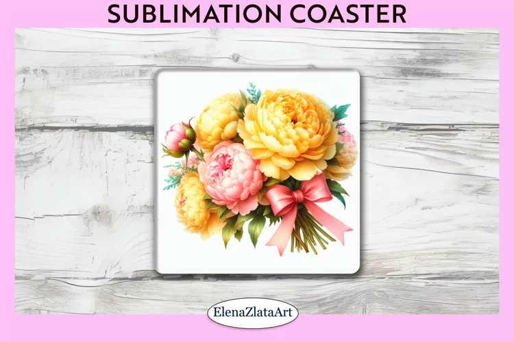 Peonies Flowers Square Coaster | Sublimation Coaster