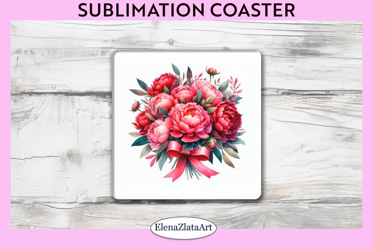 Peonies Flowers Square Coaster | Sublimation Coaster example image 1