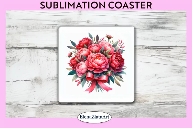 Peonies Flowers Square Coaster | Sublimation Coaster