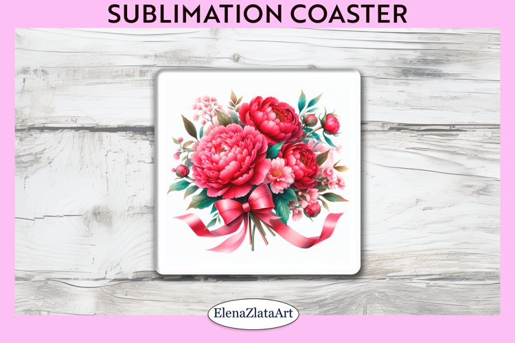 Peonies Flowers Square Coaster | Sublimation Coaster example image 1