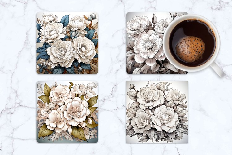 Camellia & Ruta Graveolen Flower Square Coasters example image 1