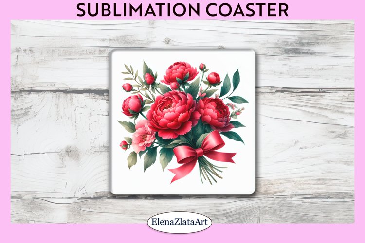 Peonies Flowers Square Coaster | Sublimation Coaster example image 1
