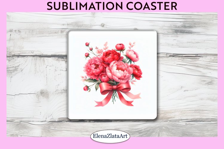 Peonies Flowers Square Coaster | Sublimation Coaster example image 1