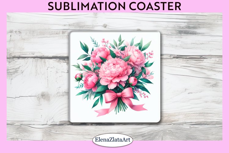 Peonies Flowers Square Coaster | Sublimation Coaster example image 1