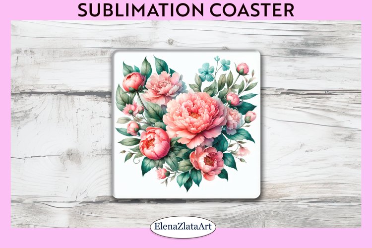 Peonies Flowers Square Coaster | Sublimation Coaster example image 1