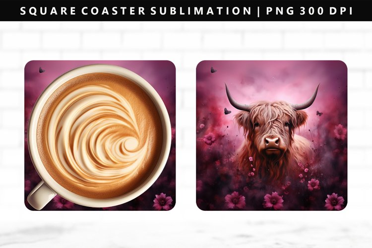 Highland Cow Square Coaster Design | Square Coaster PNG