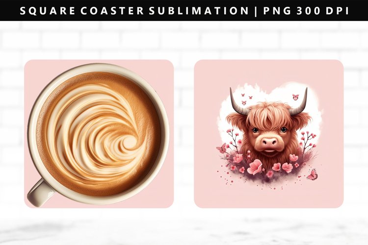 Highland Cow Square Coaster Design | Square Coaster PNG example image 1