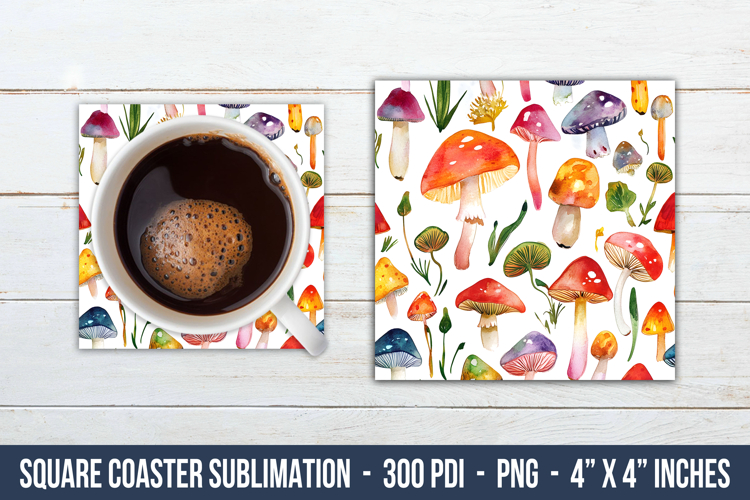 Watercolor Mushroom Pattern Square Coaster | Square Coaster