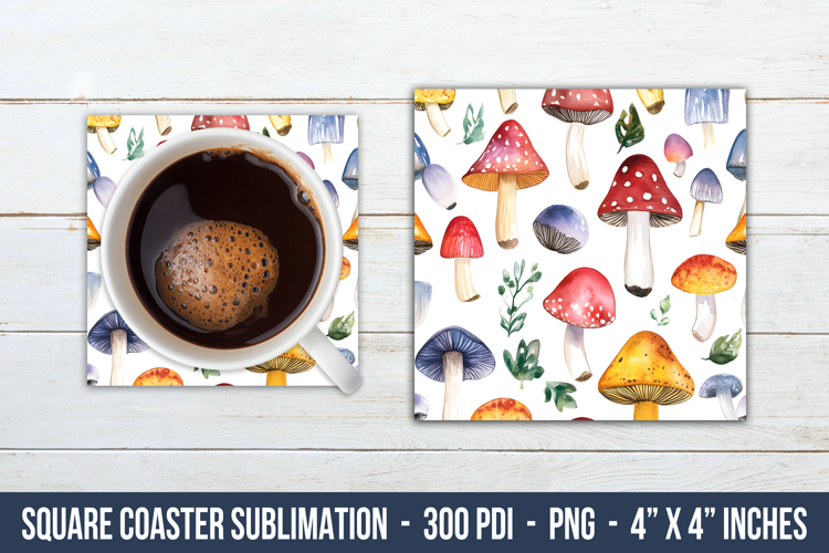Watercolor Mushroom Pattern Square Coaster | Square Coaster