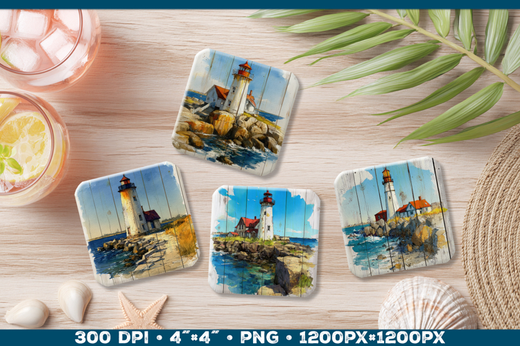 Vintage Watercolor Lighthouse Coaster Sublimation Design PNG