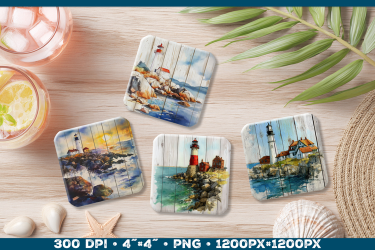Vintage Watercolor Lighthouse Coaster Sublimation Design PNG