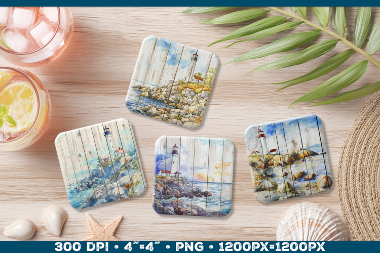 Vintage Watercolor Lighthouse Coaster Sublimation Design PNG