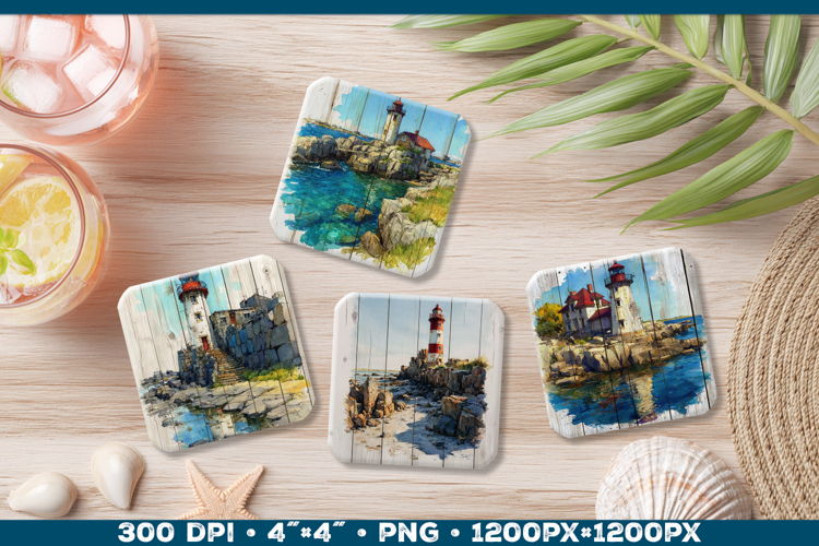 Vintage Watercolor Lighthouse Coaster Sublimation Design PNG