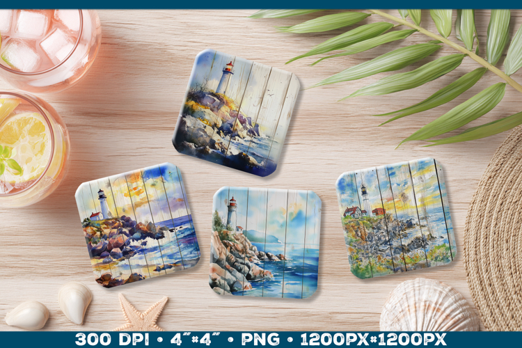 Vintage Watercolor Lighthouse Coaster Sublimation Design PNG