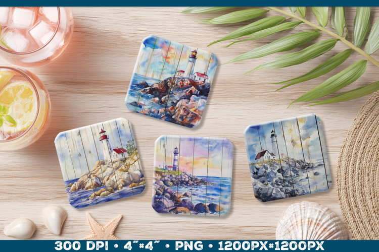 Vintage Watercolor Lighthouse Coaster Sublimation Design PNG