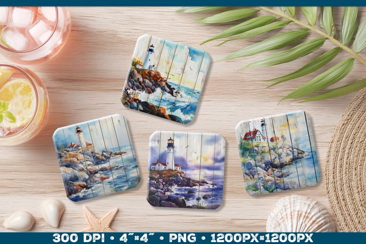 Vintage Watercolor Lighthouse Coaster Sublimation Design PNG