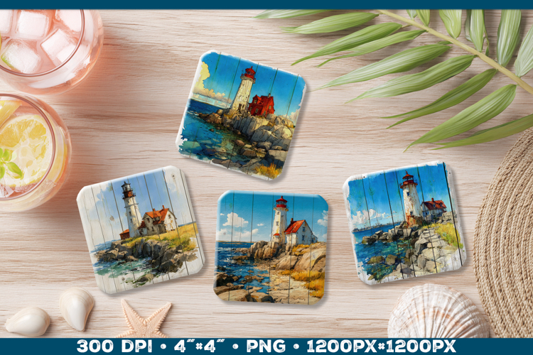 Vintage Watercolor Lighthouse Coaster Sublimation Design PNG