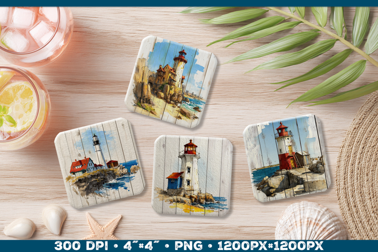 Vintage Watercolor Lighthouse Coaster Sublimation Design PNG