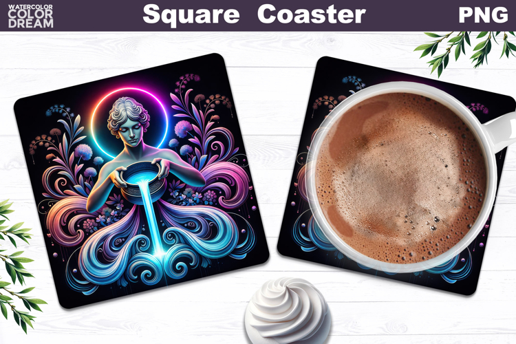Aquarius Zodiac Neon Art | Mystic Water Coaster Design