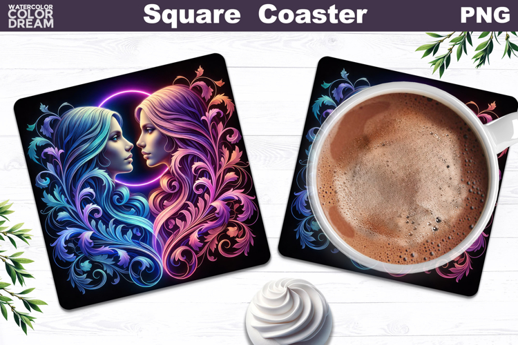 Gemini Zodiac Neon Art | Twin Faces Coaster Design