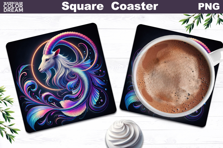 Capricorn Zodiac Neon Art | Mystic Goat Coaster Design