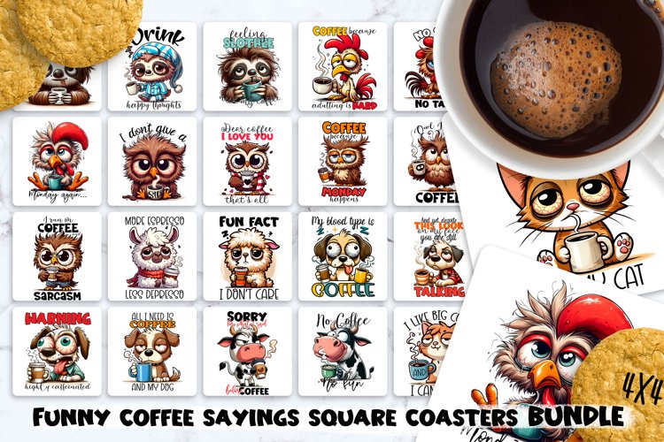 Funny coffee sayings square coasters. BUNDLE PNG.