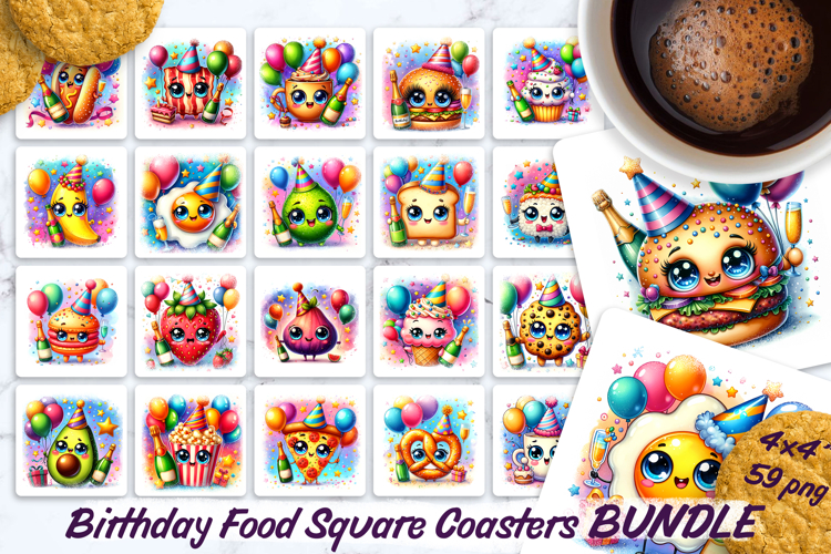 Birthday Food Square Coaster PNG 4x4, Sublimation BUNDLE.