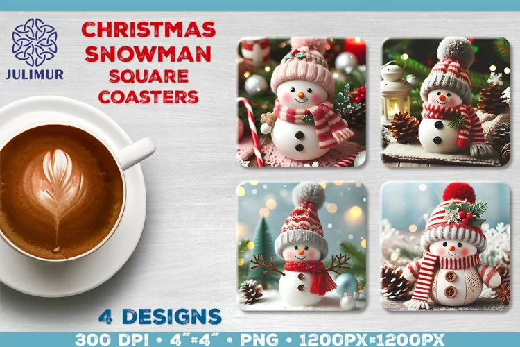 Christmas Snowman Square Coasters Sublimation Design