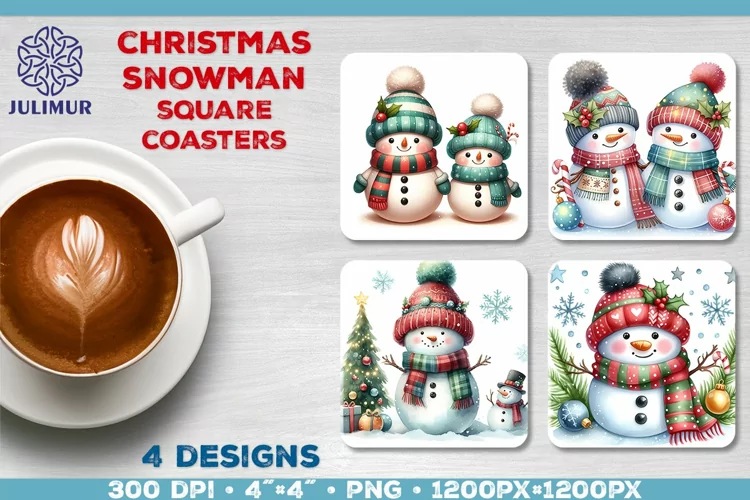 Christmas Snowman Square Coasters Sublimation Design