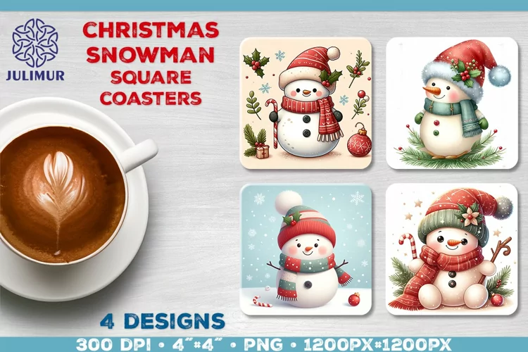 Christmas Snowman Square Coasters Sublimation Design