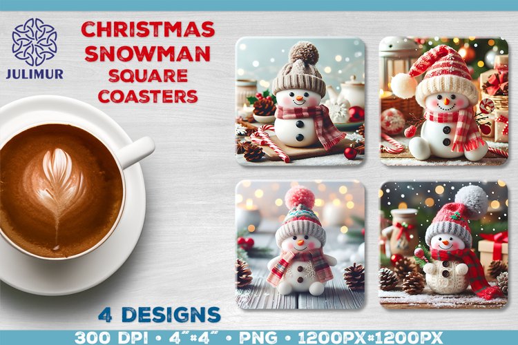 Christmas Snowman Square Coasters Sublimation Design example image 1